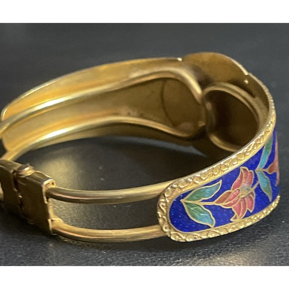 Vintage Cloisonne Hinged Bracelet Bangle Panda Floral Calla Lily Gold Tone - Picture 4 of 15